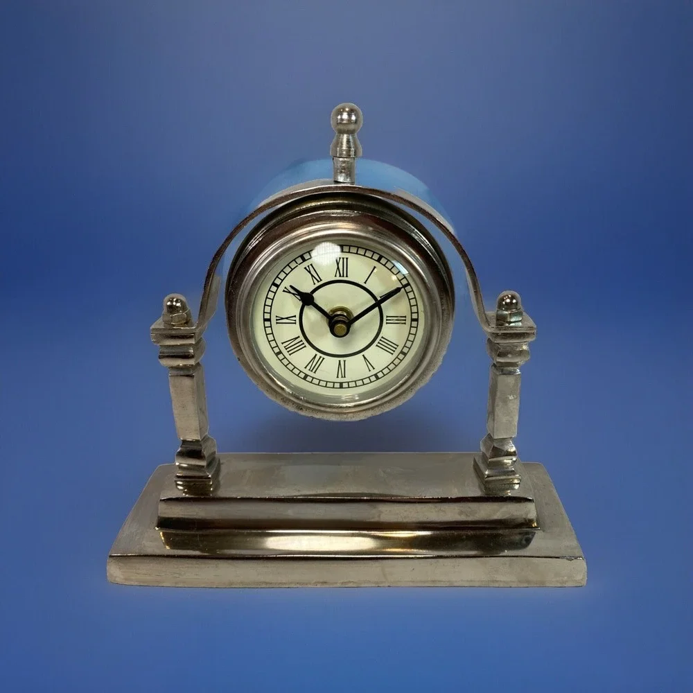 Table Clock Swing Mid Century Home Accent - Desk Display ~ Silver  ~ Clock Works